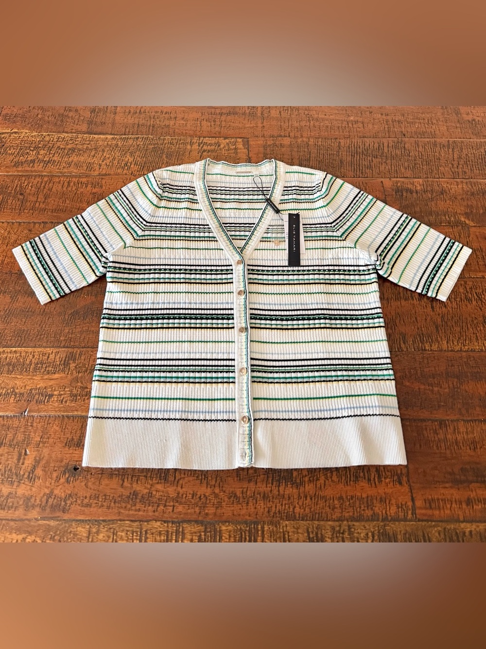 Elie Tahari Taranto Multi-Stripe Ribbed  V-Neck Cardigan